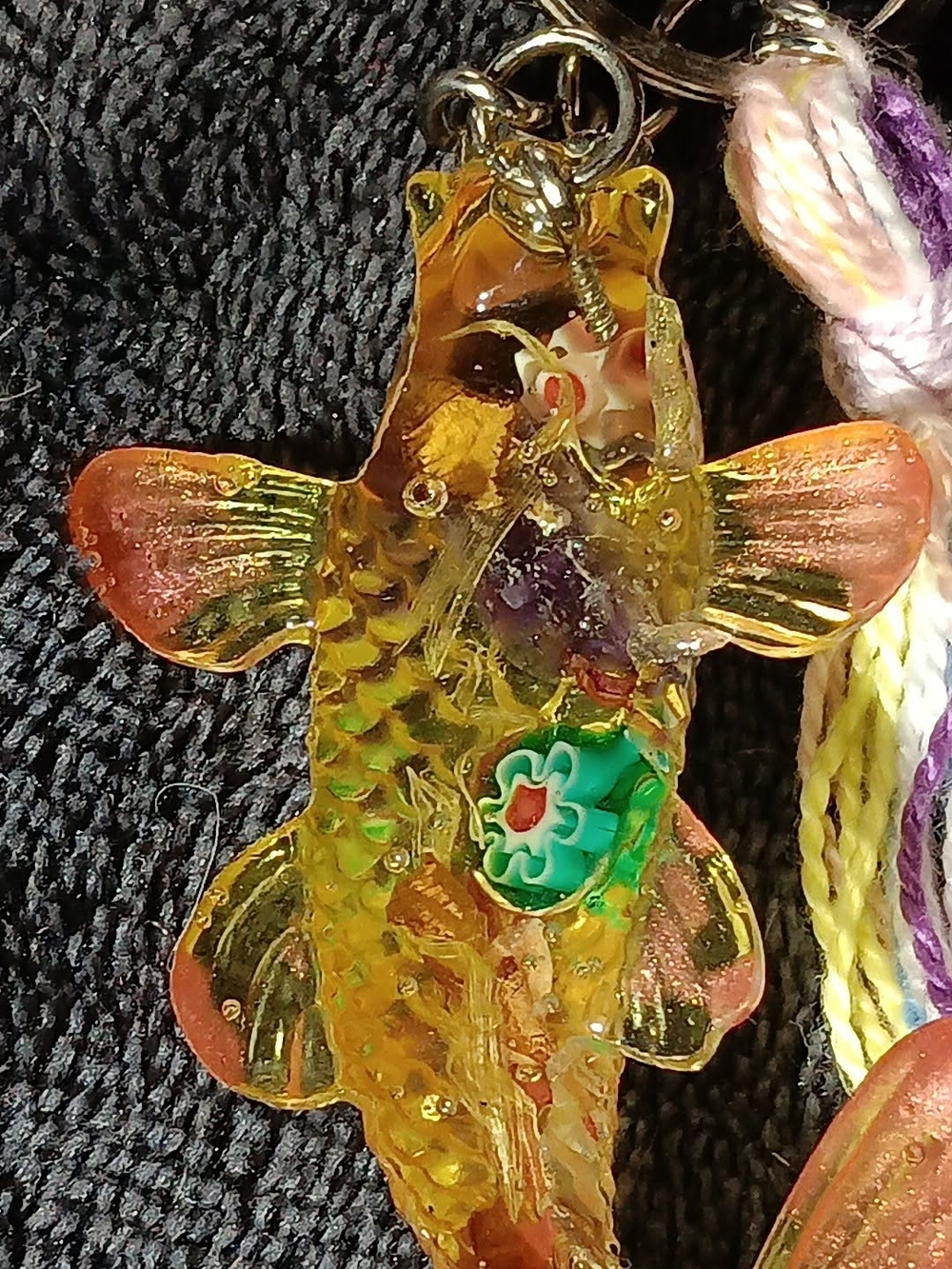 Rose Pink Fish Keychain Amethyst Rose Petals Gold Flowers  Pastel Bag Charm - Picture 3 of 3